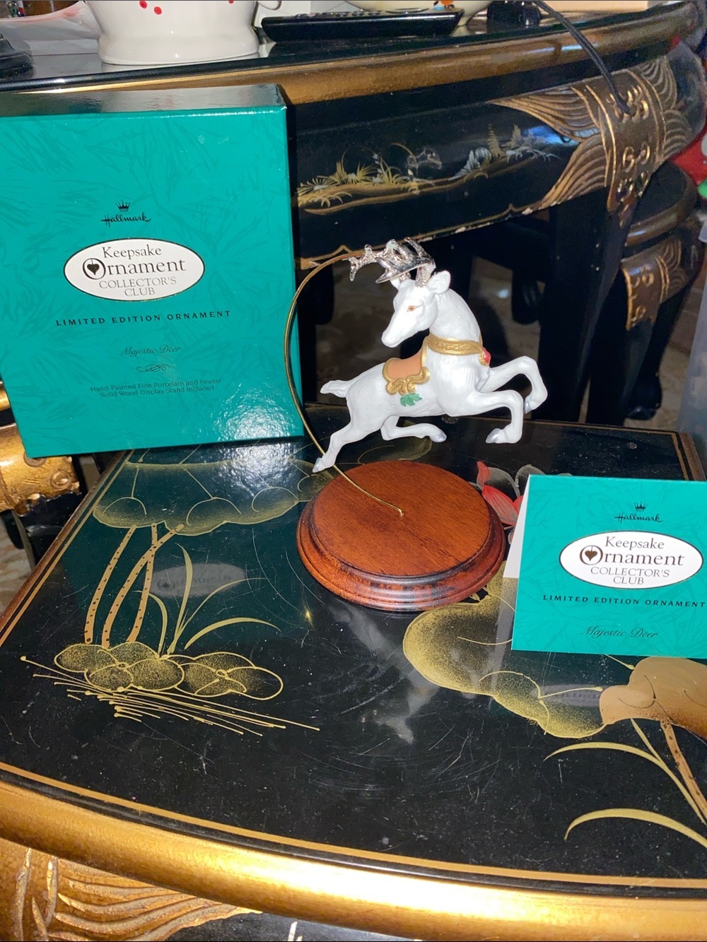 Hallmark Collectors Cl White and Gold Reindeer Keepsake Ornament W/ Green Accent